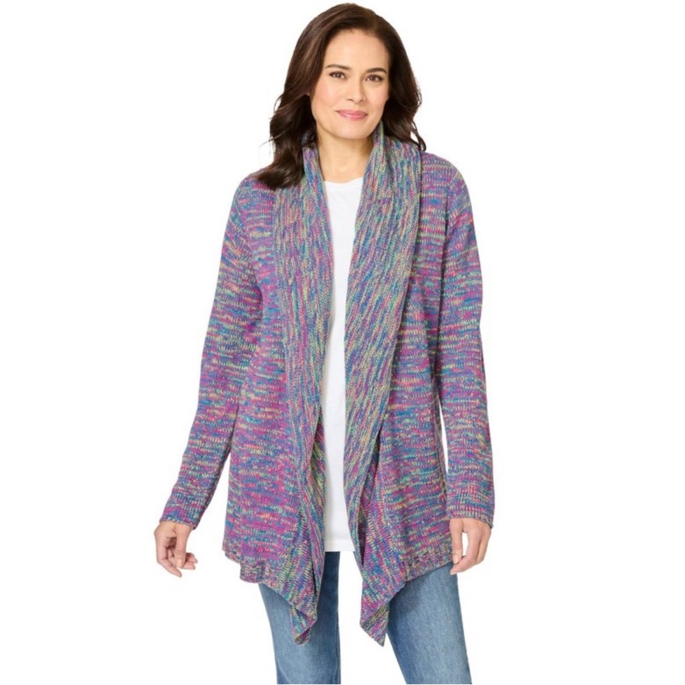 Woman Within Multi Marled Cardigan Sweater 2X Plus Size Ultra Blue Space Dye
